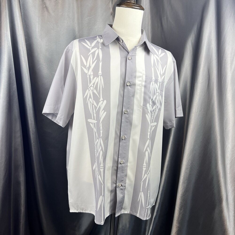 Royaura Hawaiian Bowling Shirt Gray Bamboo Print Casual Short Sleeve Button Down